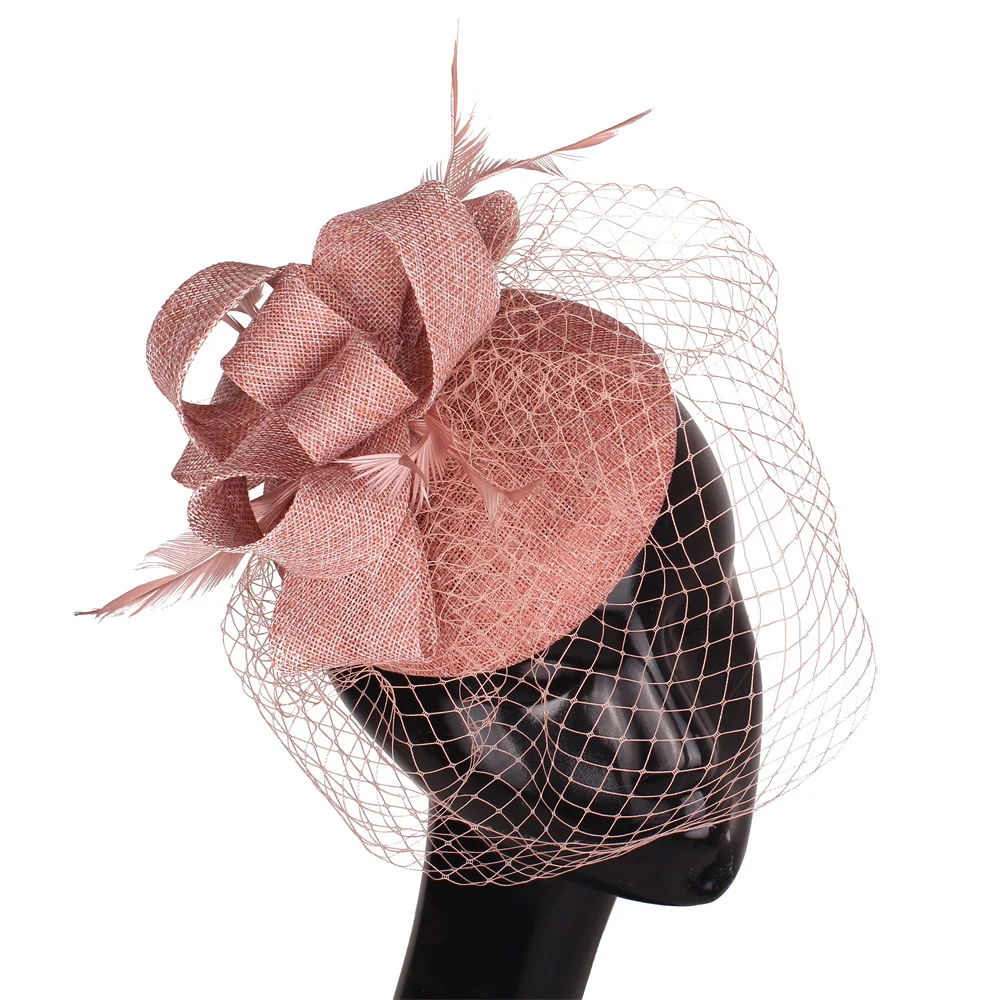 Peach Feather Wedding Hat Fascinator with Birdcage Net Face Veil Headwear Bride Church Party Cocktail Chapeau hat for Women Lady