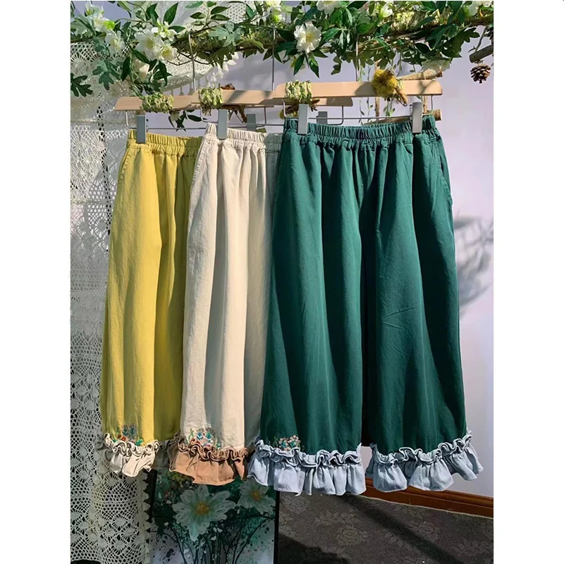 

Oversized Embroidered Ruffles Wide Leg Pants Summer 2025 New Loose All-match Patchwork Elastic Waist Vintage Calf-Length Pants