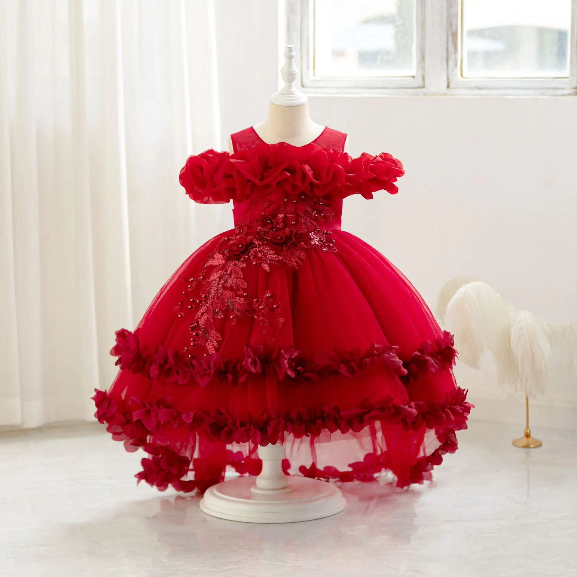 

Вечернее платье принцессы для девочек, рождественские элегантные платья для девочек, детская красная одежда для выступлений, От 2 до 6 лет