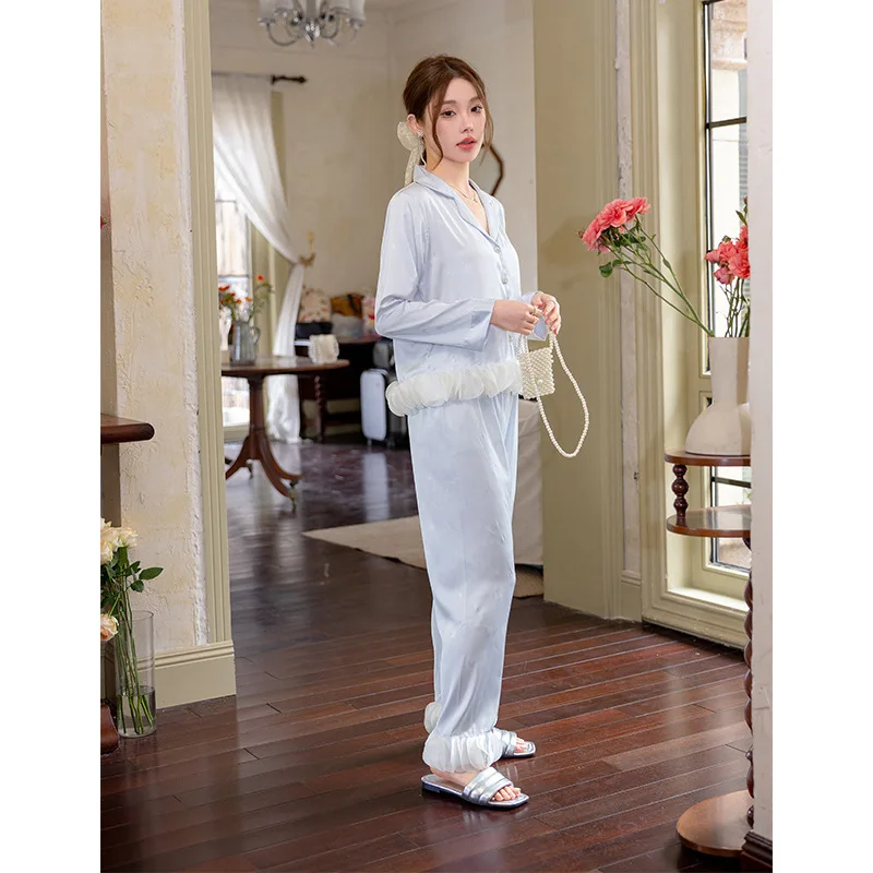 Women's Snow Silk Pajamas Long Sleeve Women's Home Clothes Solid Color Comfortable Breathable Summer Thin Material