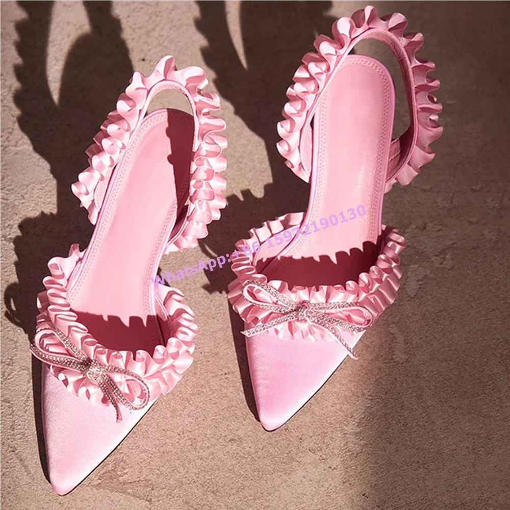 

Rhinestone Bows Lace Sandals Pointy Toe Thin Heels Pleated Slingback Elegant Pink Stiletto Shoes Crystal Bling Luxury Shoes