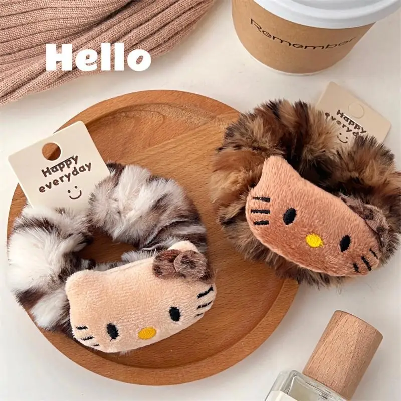 Sanrio Hello Kitty Leopard Print 새끼 고양이 헤어 루프 귀여운 플러시 헤어 로프 고탄성 헤어 액세서리 소녀를위한 생일 선물