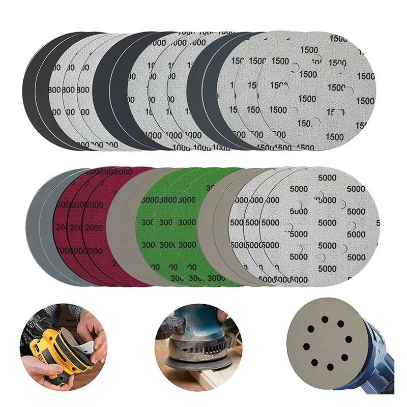 AC88-90Pcs conjuntos de discos de lixa de 5 polegadas, gancho e laço 5 polegadas combinação de 8 furos (800/1000/1500/2000/3000/5000) lixa
