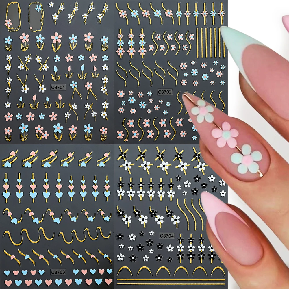 Gold Wave Line Heart Nail Art Stickers Metal Curved Stripe Floral Adhesive Slider Valentine's Theme Decals Manicure Decoration