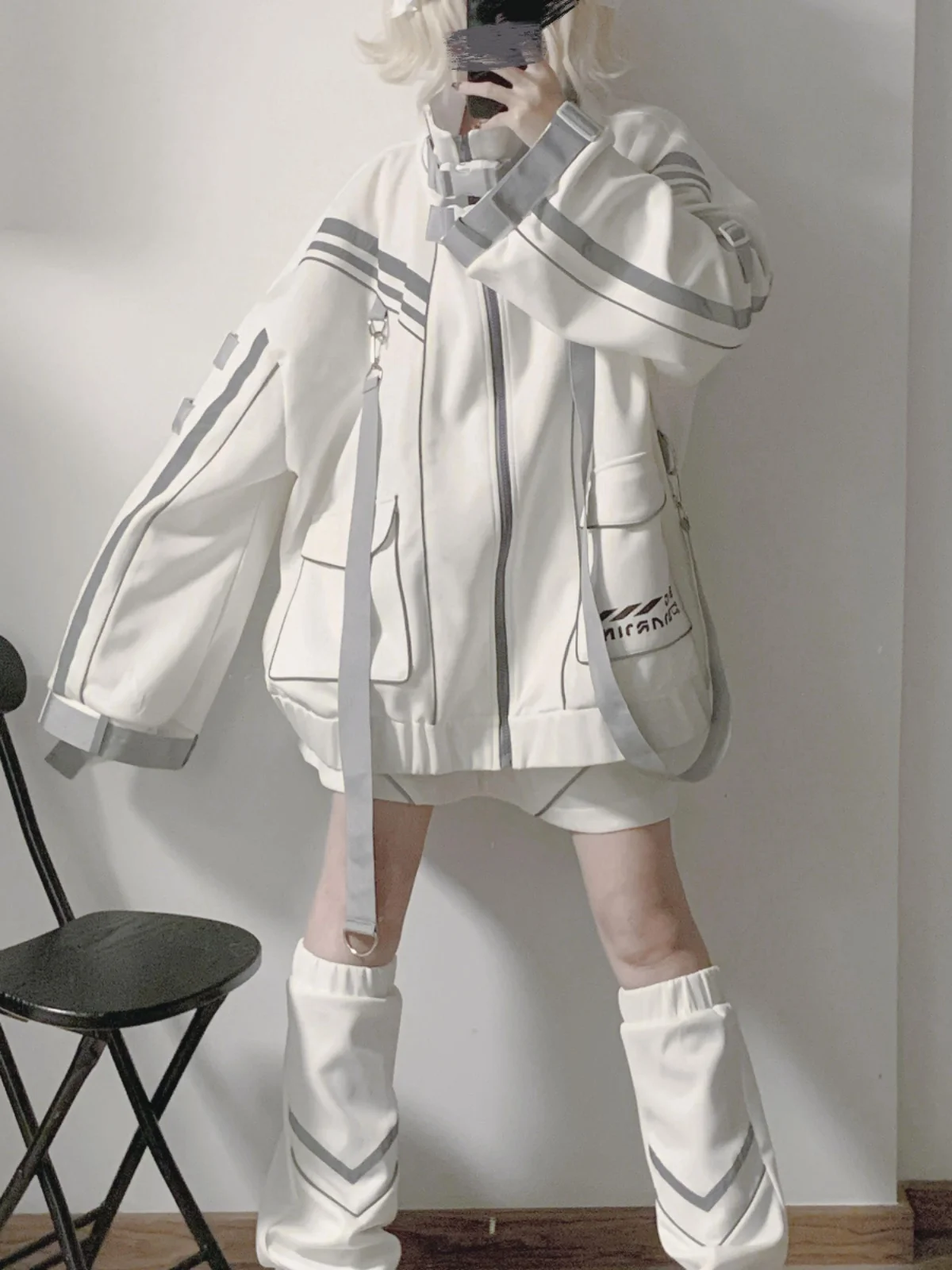 เสื้อโค้ทสไตล์ไซเบอร์พังก์ทรงหลวมสำหรับผู้หญิง มือสอง สไตล์ลำลอง มีซิป แขนยาว สีสันสดใส