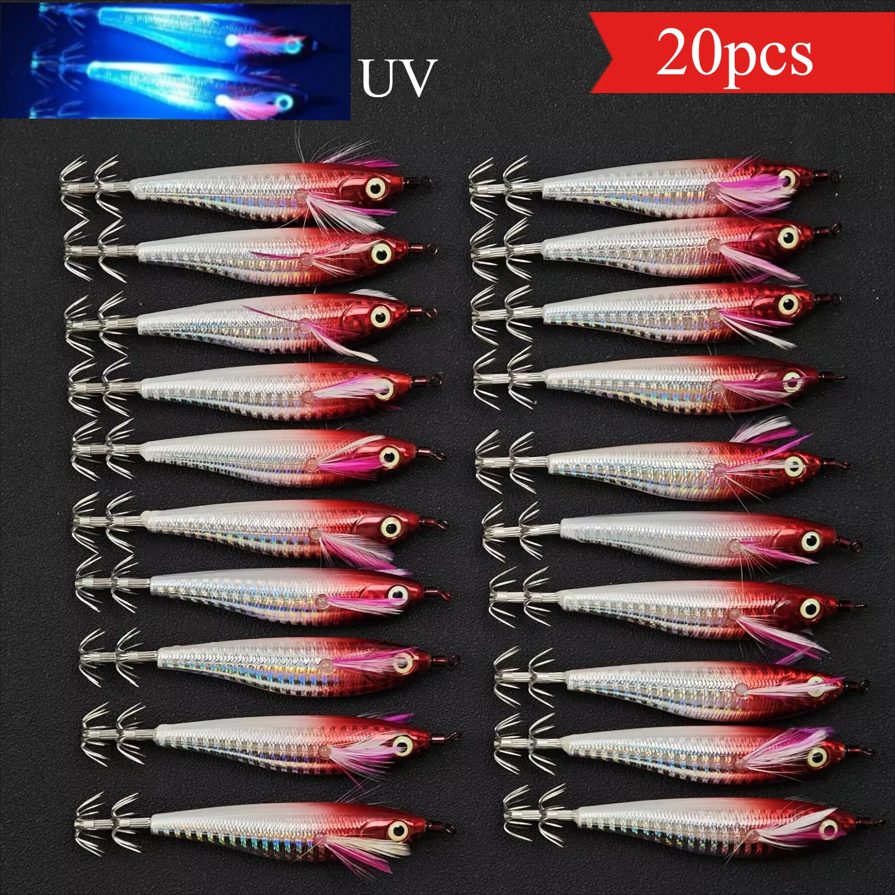 20pcs/set 10cm/9g Shrimp Fishing Lures Luminous Squid Jig Hook Shrimp Prawn Lure Cuttlefish Fishing Accessories Shrimps
