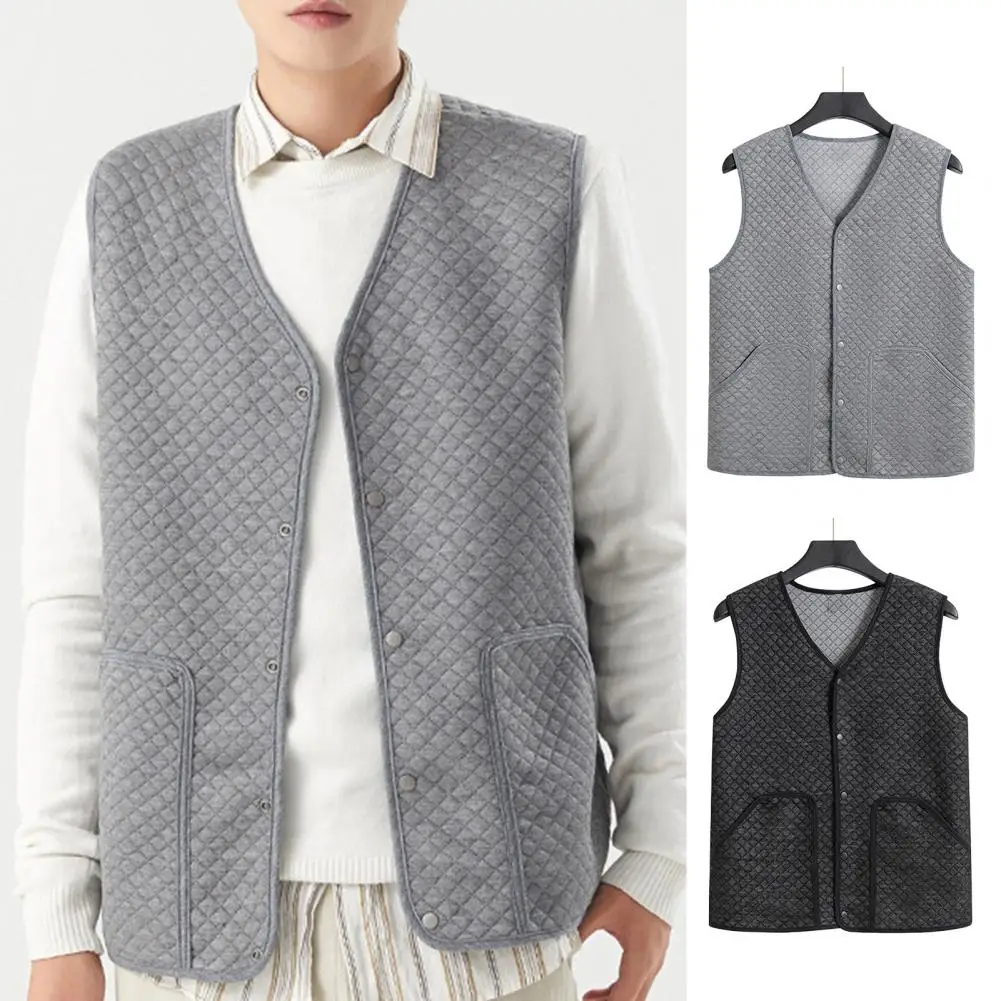 Single-breasted Waistcoat Elegant Men's V-neck Velvet Lined Waistcoat with Pockets Single-breasted Vest Coat for Warmth Style