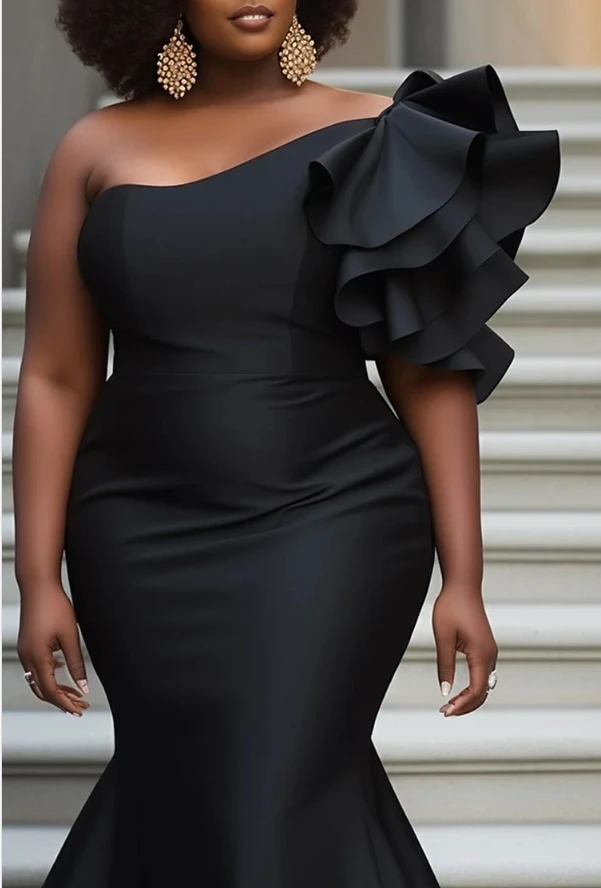 Design Plus Size Formal Black Elegant Oblique Collar Flutter Sleeve Ruffle Bodycon Satin Maxi Dresses