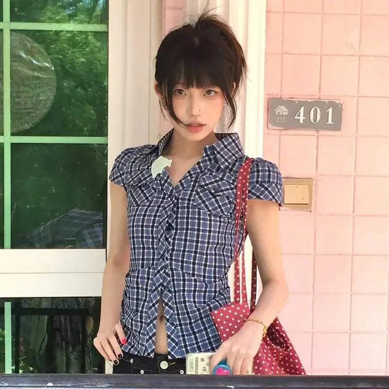 Karrram Camicia scozzese giapponese Y2k Camicette vintage Haruku con scollo a V Camicie a maniche corte da donna moda coreana 2000S American Retro