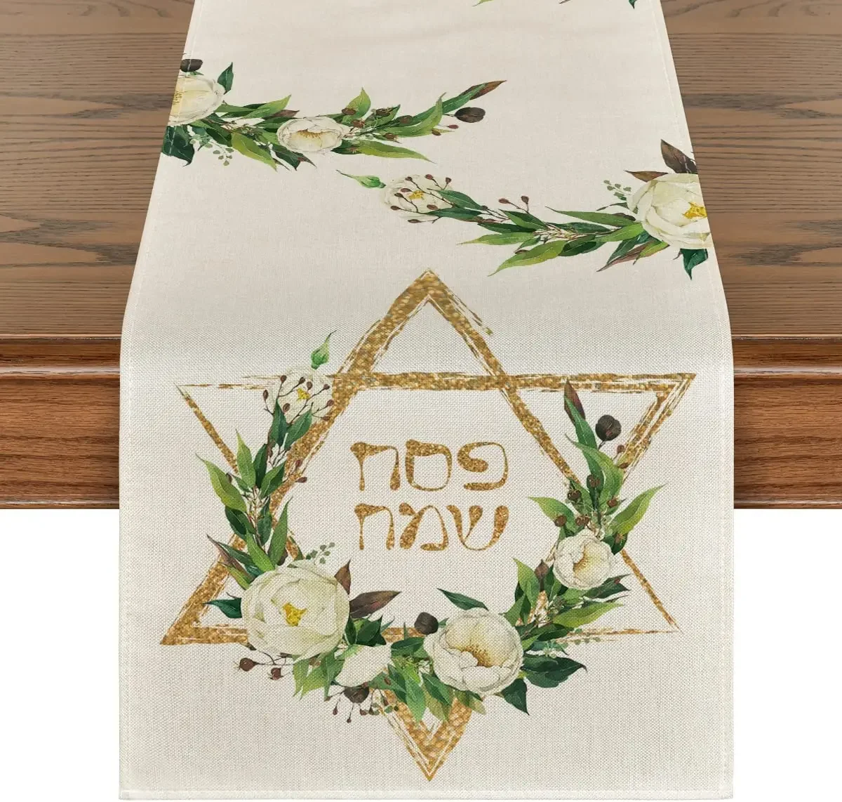 Spring Hexagram Flowers Passover Linen Table Runner Party Decoration Washable Dining Table Runner for Kitchen Table Decor