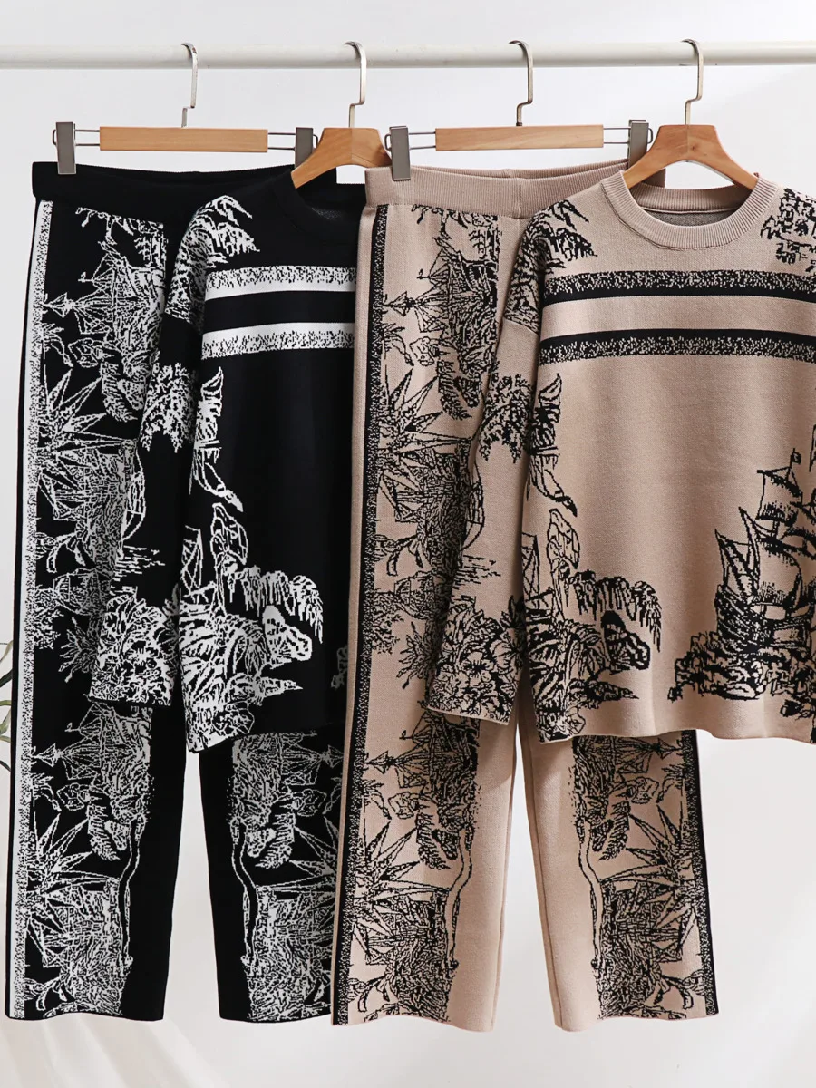 New Autumn Women's Knitting Outfits Brand Design Ink Painting Loose Knitted Sweater Jumper + Wide Leg Pants Suits Two-piece Set