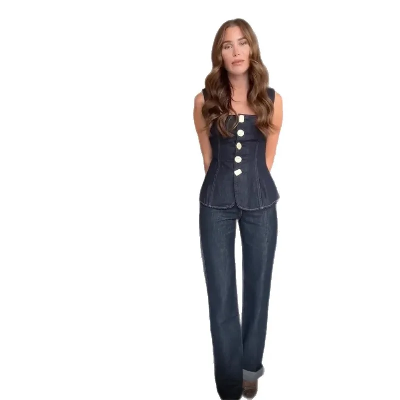 

punk jeans2026New Arrival, Women Niche Elegant Denim Two-Piece Set, Sleeveless Top & Long Pants, Premium Daily Streetwear Outfit