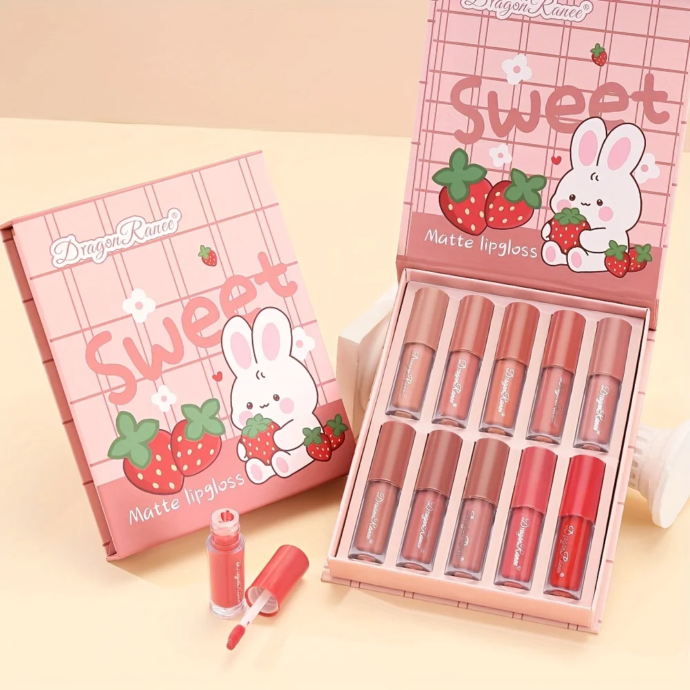 Juego de 10 brillos de labios no es fácil de teñir, caja de regalo mate, lápiz labial líquido, dibujos animados bonitos