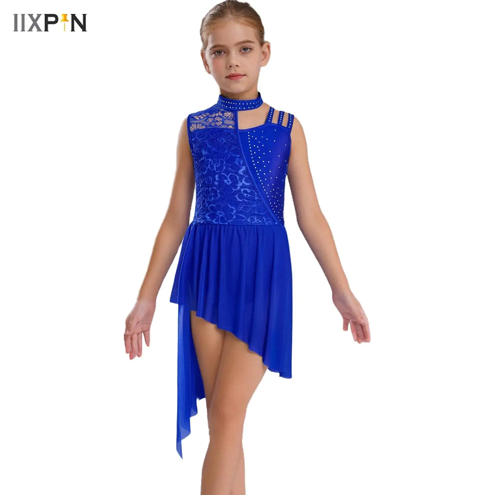 

Kids Girls Sleeveless Asymmetrical Shoulder Floral Lace Rhinestones Irregular Hem Leotard Dress for Modern Lyrical Dance Dress