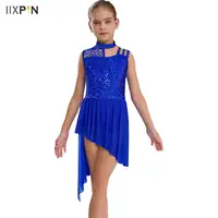 Vestido de leotardo con dobladillo Irregular y diamantes de imitación de encaje Floral con hombros asimétricos sin mangas para niñas para vestido de baile lírico moderno