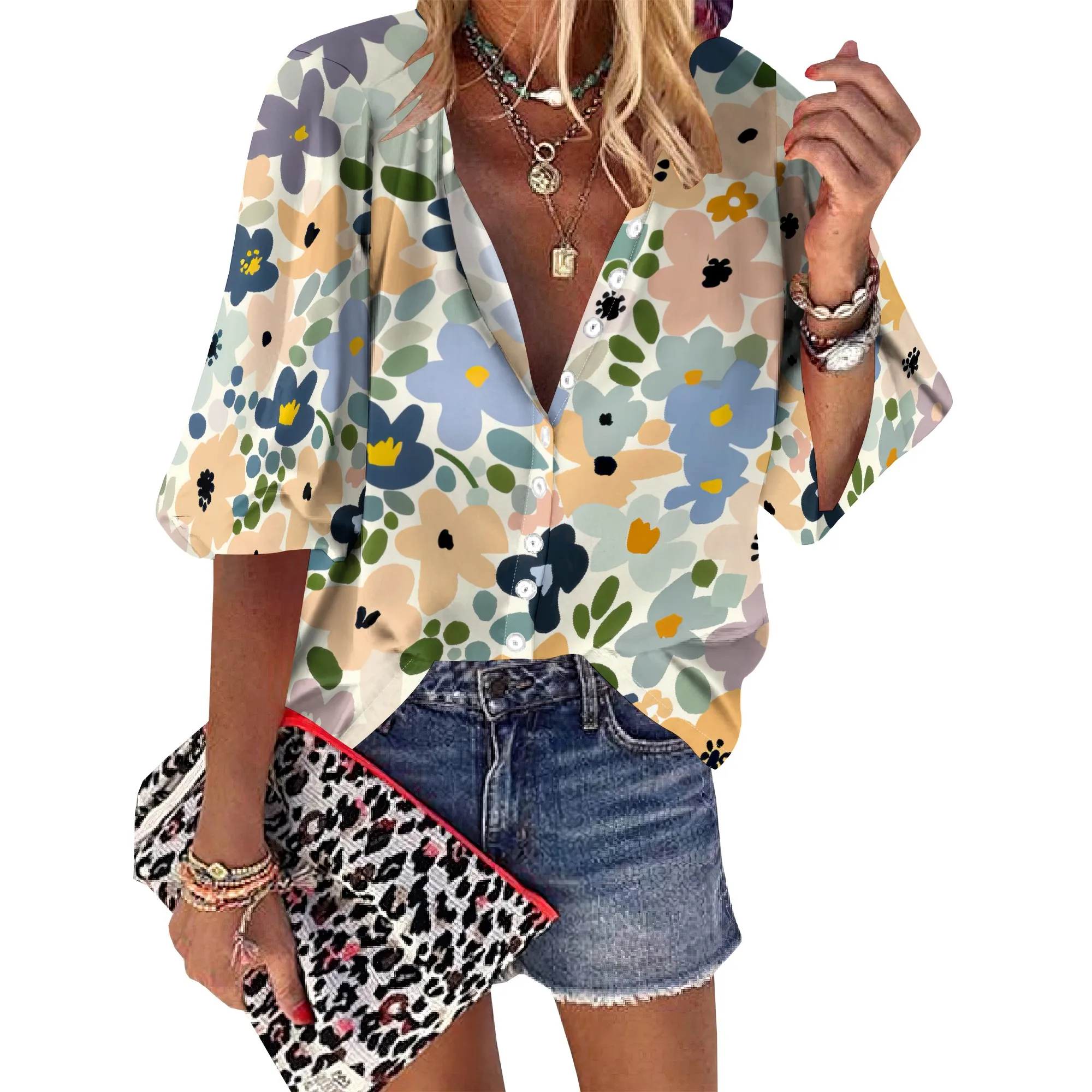 Womens Button Vintage Floral Pattern Shirt Short Sleeve Classic Collared Flower Tops Work Office Casual Blouse