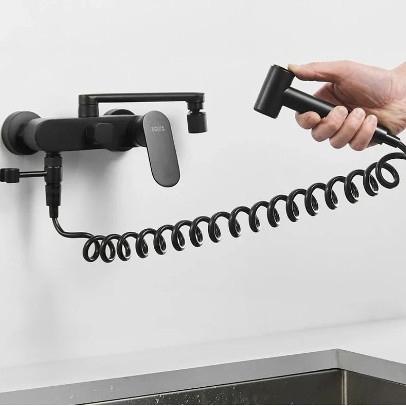 Matte Black Kitchen Faucet Wall Mounted Pull-Down Tap Hot and Cold Water with 360° Rotation Dual Function Sprayer