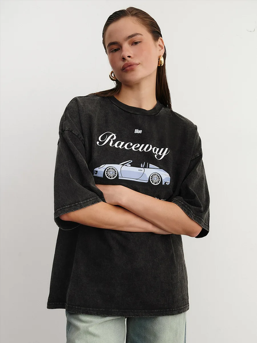 

Raceway Car Print Distressed Women T-shirts 2025 New Round Neck Short Sleeve Top Cotton Loose Streetwear Retro Y2K Tee Female