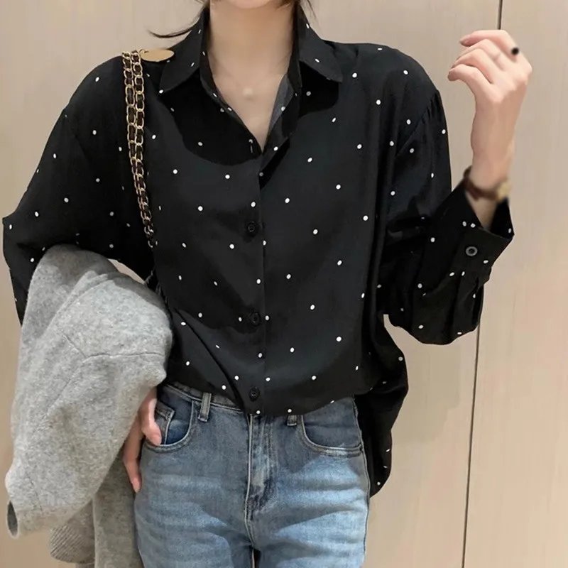 Women\'s Retro Lapel Polka Dot Contrasting Color Tops Loose Casual Simple Fashion Versatile Long Sleeved Shirts