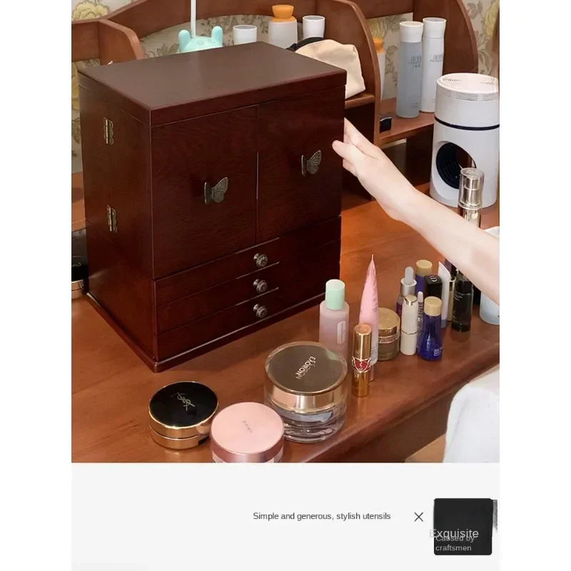 Wooden Cosmetic Storage Box with Mirror, Large Capacity for Jewelry and Skincare Products on Desk and Vanity Table