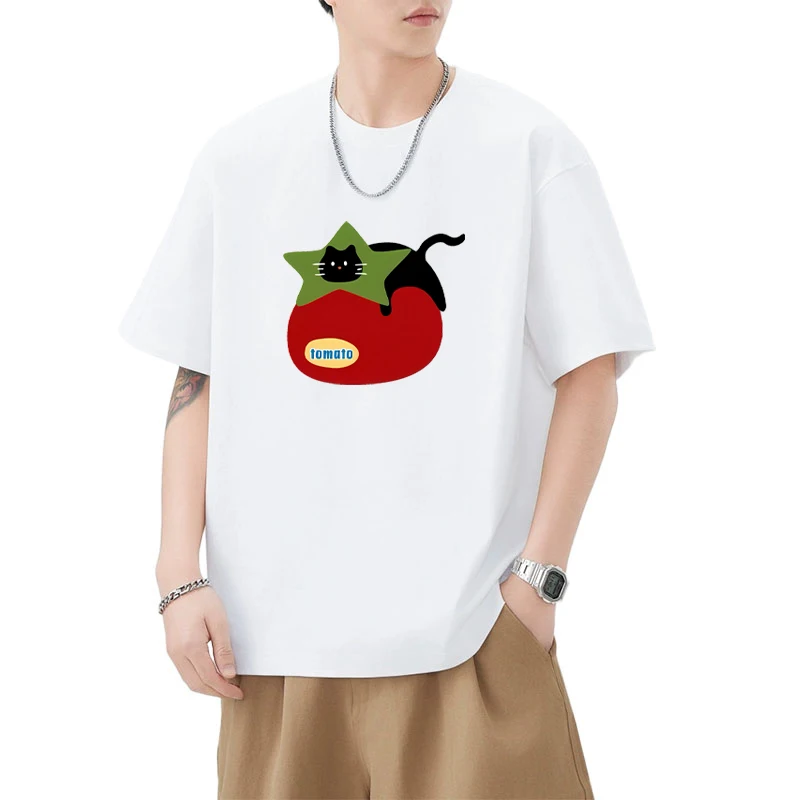 

Summer Casual Tomato Cat Graphic Printed short sleeve T-shirts Men Women Cotton Cute Kawaii Tshirt Comfortable Fashion Tops