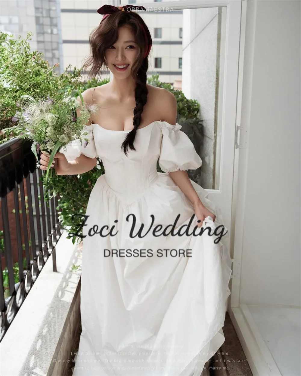 Zoci Square Neck Korea A Line Wedding Dresses Customized Taffeta Short Puff Sleeve Photos Shoot Dresses Long Bridal Party Gown - Image 3