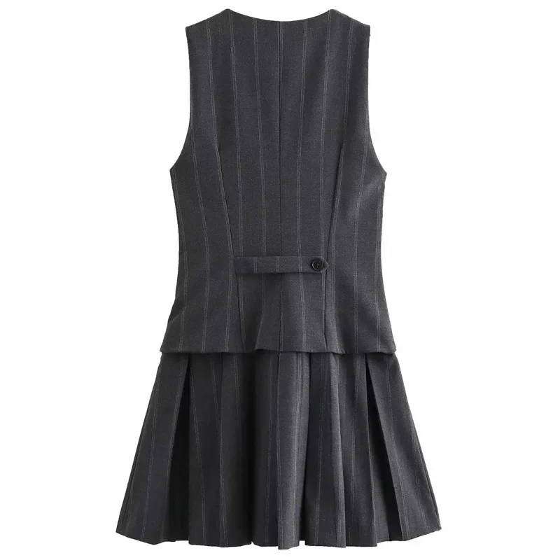 TRAF Pleated Short Dresses Women 2024 Vestidos Summer Autumn Grey Striped Sleeveless Sundress New Dress Casual Women's Dresses