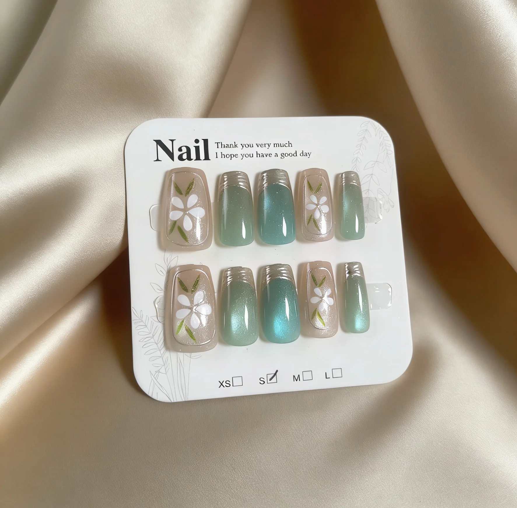 10pcs Glossy Mint Green Floral Press On Nails Reusable Cat Eye Fake Nails With White Flower Design False Nail Tips For Women