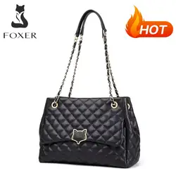 FOXER Black Women Split Leather Handbag Classic Female Shoulder Crossbody Bag Large Capacity Commute Lady Laptop Top Handle Bags