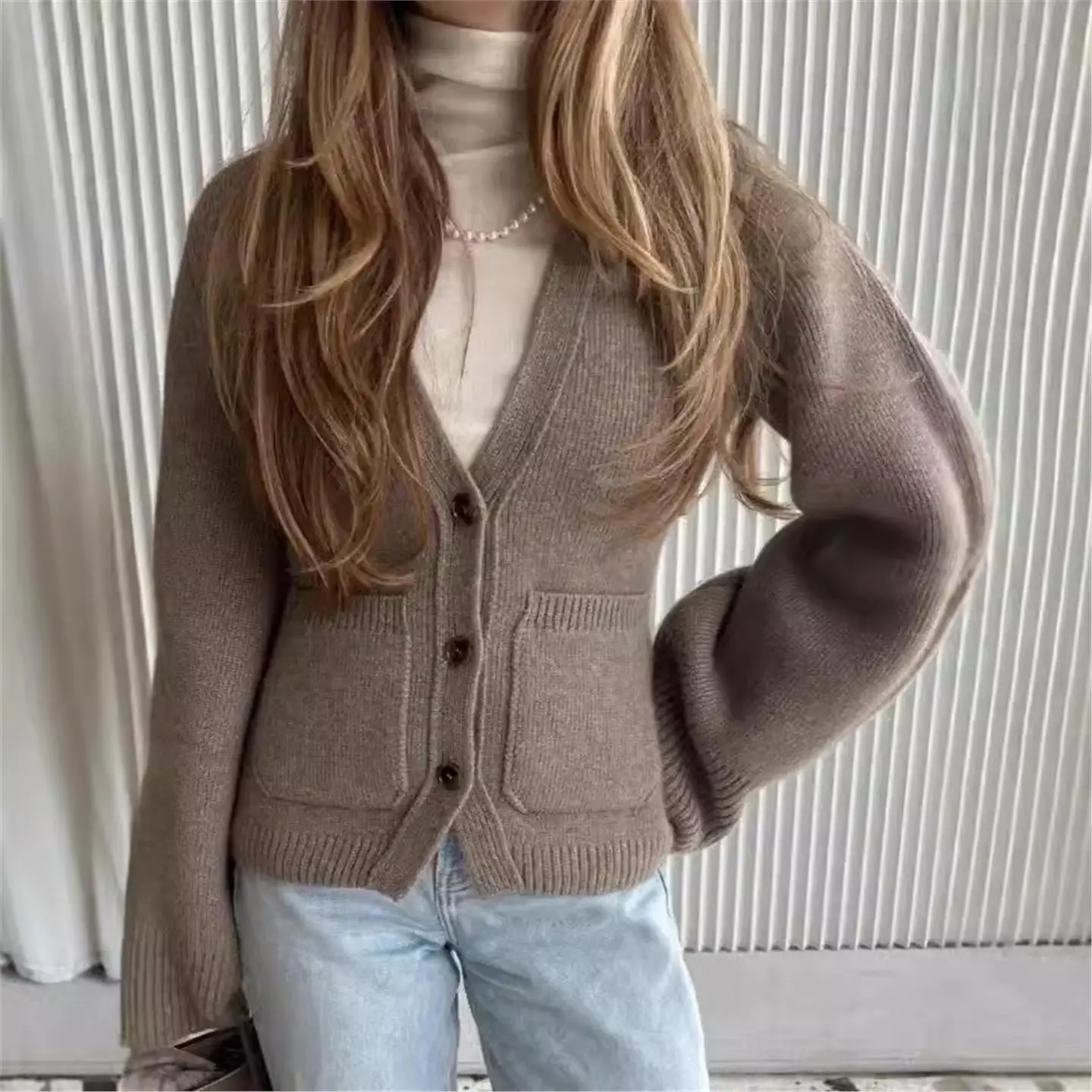 

Pure Color V-Ne Single Button Open Cardigan Comfortable Soft Warm Waist-Cinching Knitted Outerwear Long Sve Color