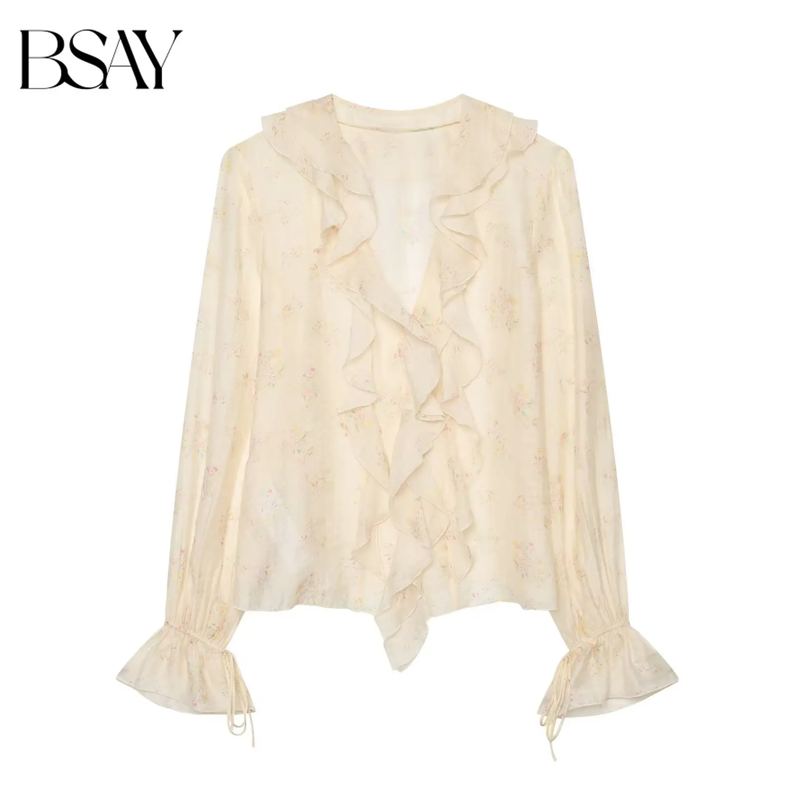 BSAY Autumn Cottagecore French Women Floral Print Ruffle Blouse V Neck Flare Tie String Sleeve Loose Vacation Casual Shirt Top