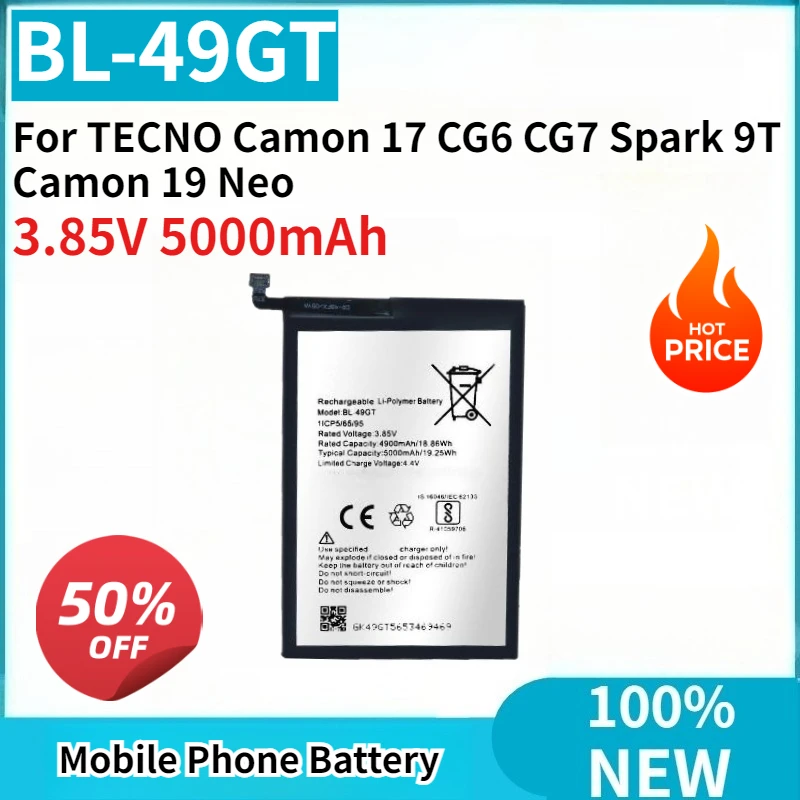 High Quality New Battery BL-49GT 3.85V 5000mAh Replaceable for TECNO Camon 17 CG6 CG7 Spark 9T Camon 19 Neo Mobile Phone