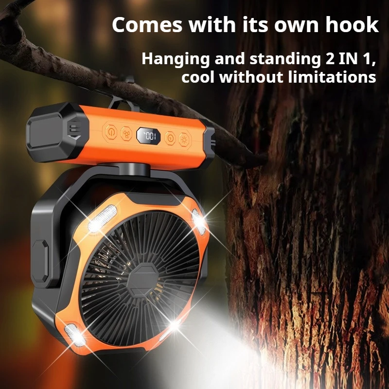 مروحة خارجية متعددة الوظائف مع إضاءة LED ومروحة معلقة أو قائمة لاسلكية قابلة لإعادة الشحن بقدرة 10000 مللي أمبير في الساعة