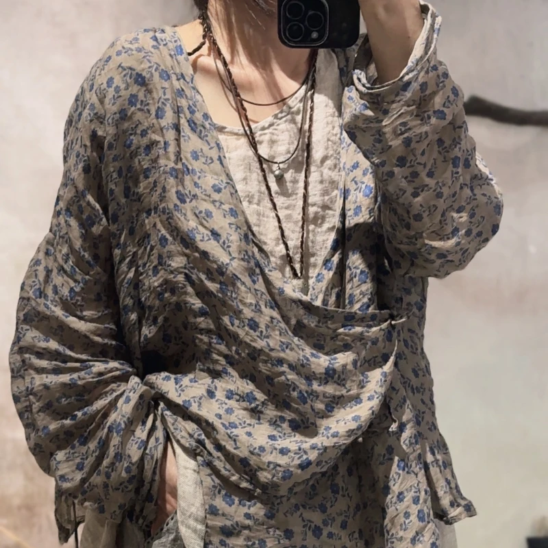 

Vintage Women's Lace Up Shirts Loose V-neck Harajuku Long Sleeve Female Blouses and Cardigan 2025 Spring Ramie Summer Lady Tops