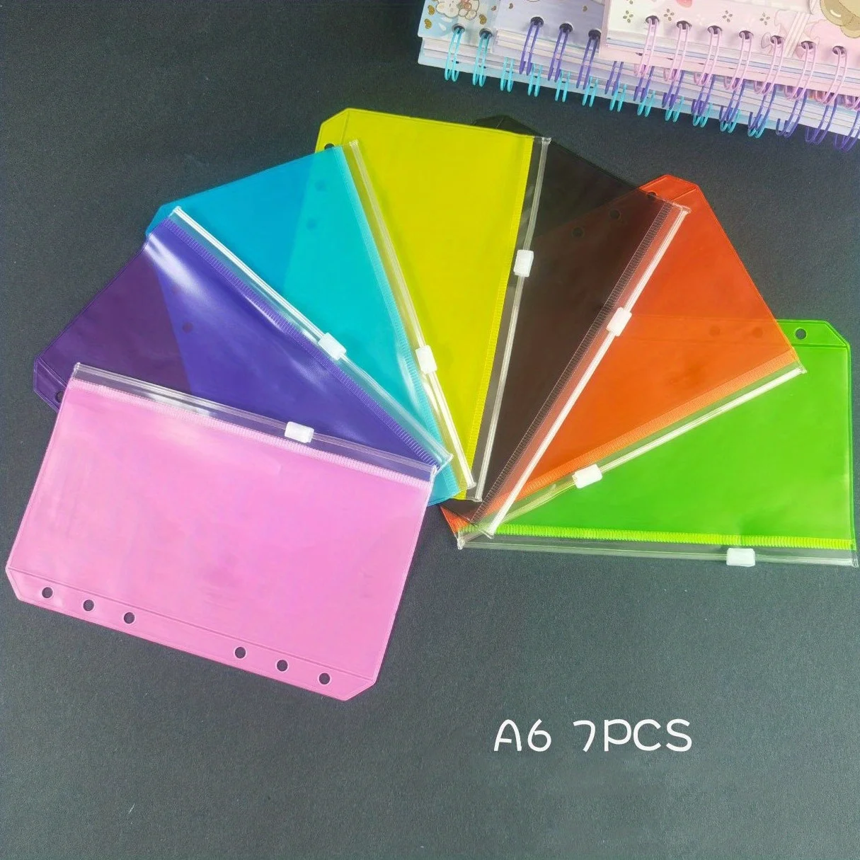 7 Pcs Vibrant A6 Zippered Binder Pockets Waterproof PVC 6-Ring Compatible For Budget Planners Notebook Inserts Receipts Storage
