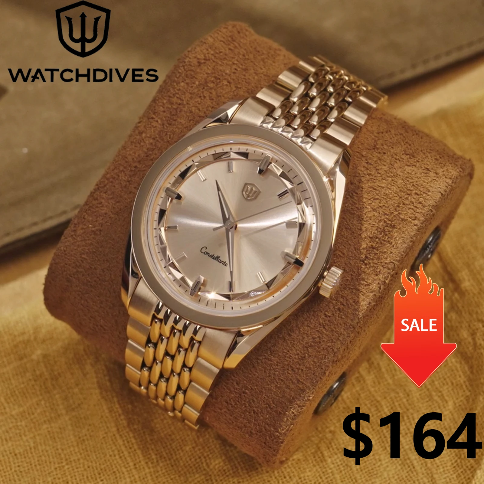 Часы Watchdives WD1954 из розового золота с механизмом VH31/VH60, секундным стрелочным механизмом, сапфировым стеклом, светящимися элементами и водонепроницаемостью до 100 м.