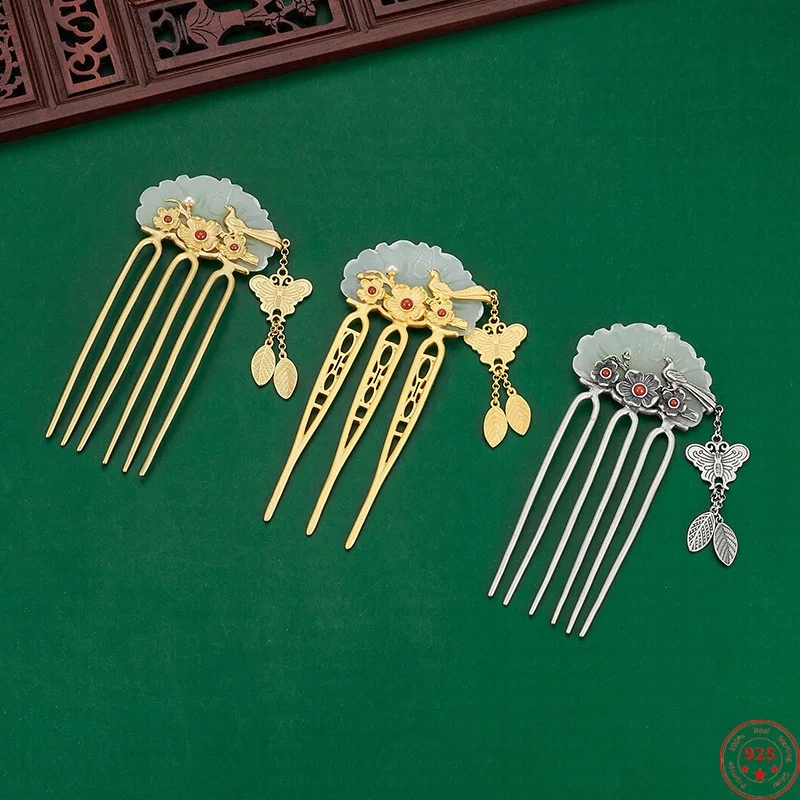 

S925 Sterling Silver Hairpin for Women New Fashion Magpie on the Branch Jade Hair-sticks Headwear Hair Accessories Hair-combs