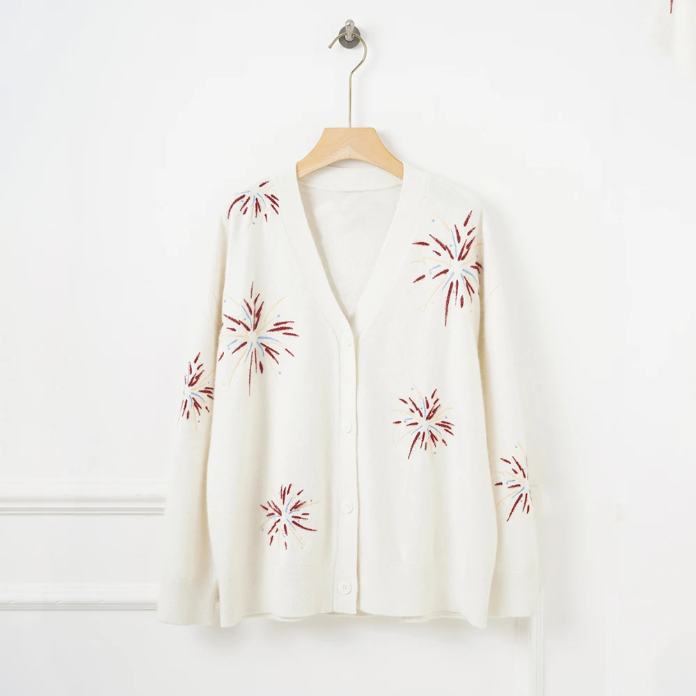 

Wool-Blend Firework Embroidered Women's Cardigan Minimalist Elegant Commuter V-Neck Long-Sleeve Knit Top Sweater Spring 2026 New