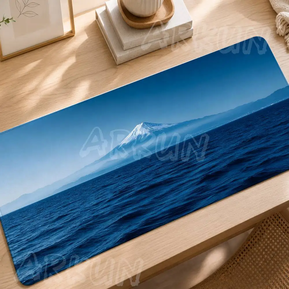 Ocean View Mount Fuji Large Gaming Mouse Pad, Blue Sea Snow Capped Volcano Landscape Mat, Non Slip for PC Office Decor Gift