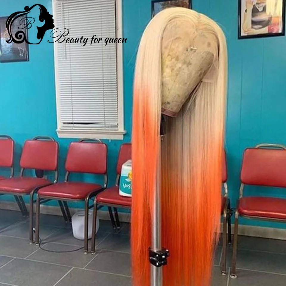 Peruka z ludzkich włosów z przezroczystą koronką typu lace front, żółto-pomarańczowa, 13x4, 100% ludzkie włosy, jakość włosów ludzkich, gęstość 180%, odpowiednia dla dziewcząt.