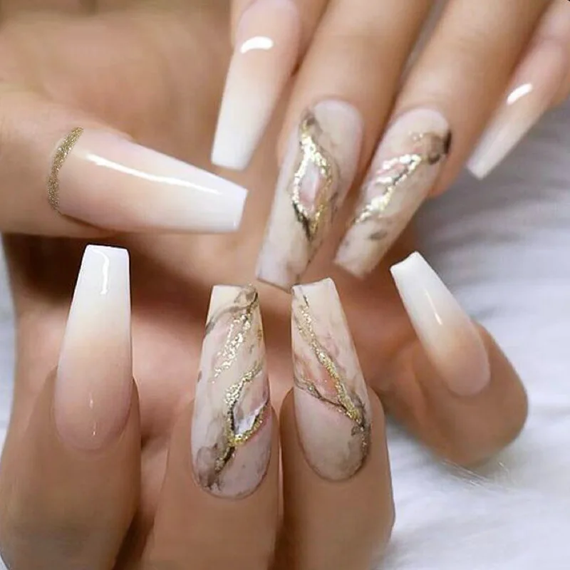 

24Pcs Long Nude White Gradient Ballet Nails Set Press on Golden Shiny Powder Line Design Fake Nails Detachable False Nails Tips