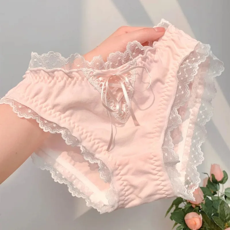 Trendy Sweet Panties Women Pure Cotton Mid-waist Breathable Plus Size Underwear Japanese Style Girls Student Lace Tender Briefs