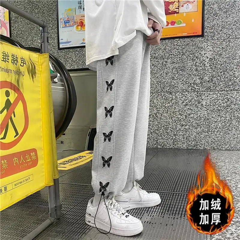 

Autumn Winter Butterfly Print Casual Sweatpants Men Elastic Waist Loose Sport Pants Drawstring Pants Big Size Trouser Streetwear
