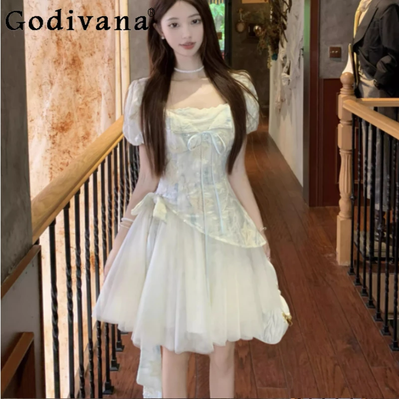 

Large Size Summer Women's Fashion Splicing Fake Two-piece Bow Dress Sweet Square Neck French Short-sleeved Princess Dresses