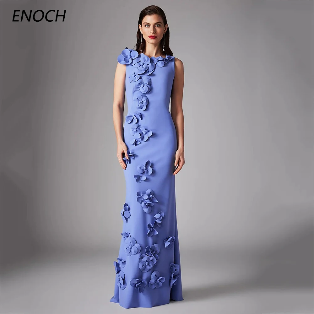 ENOCH Elegant Sheath Evening Dresses O-Neck 3D Flowers Sleeveless Backless Zipper Prom Gown Floor Length Vestidos De Gala New