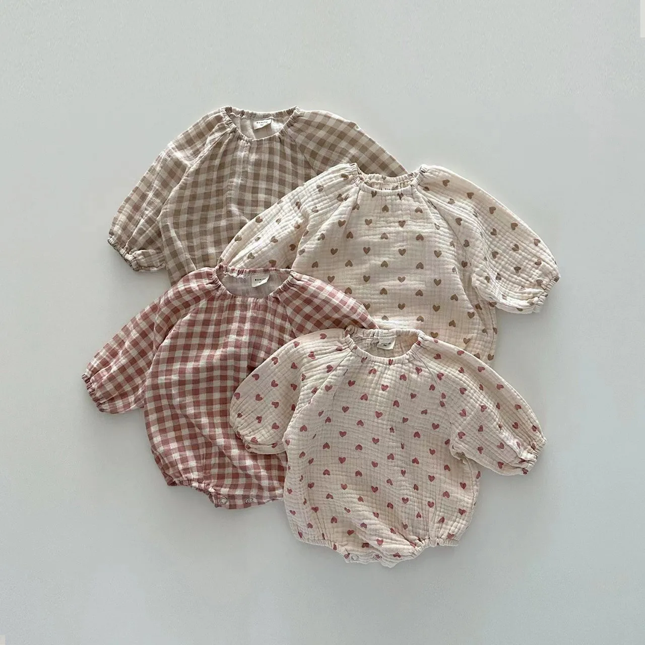 Mono de manga larga con estampado de amor para bebé, mono de algodón suelto a cuadros para recién nacido, niño y niña e informal para ropa cómoda,