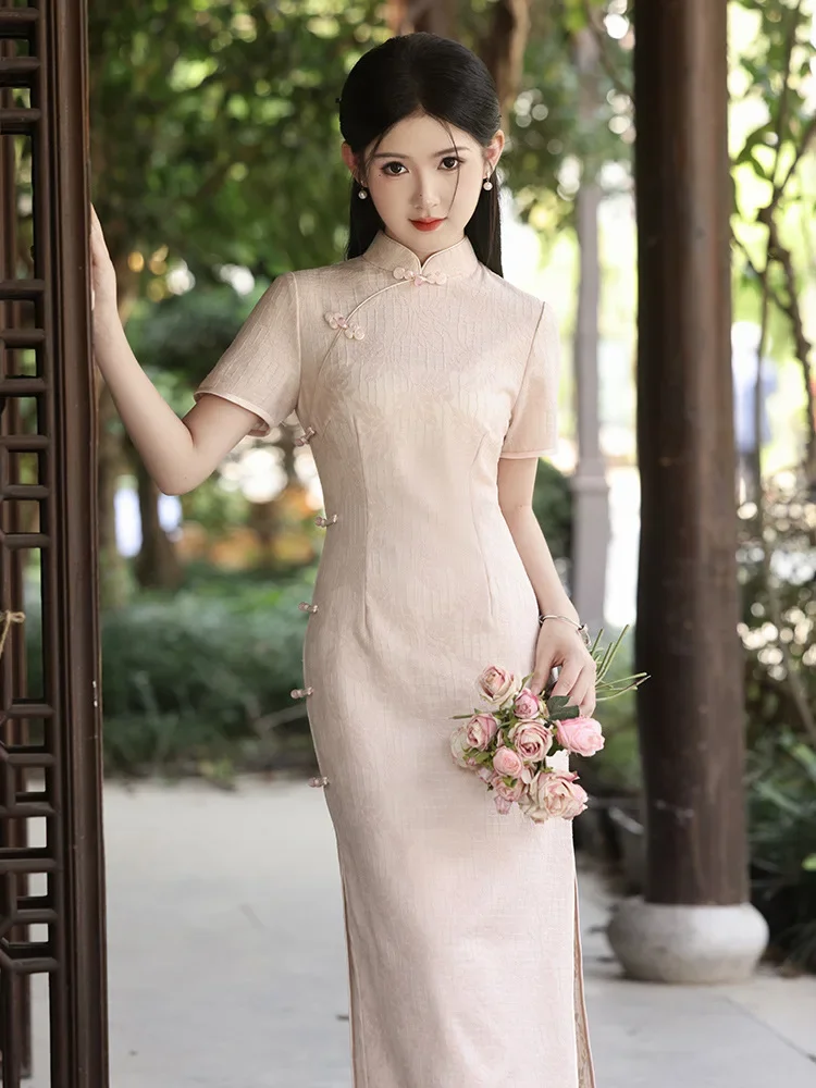 

Розовое кружево, улучшенное платье Cheongsam 2024, весна/лето, элегантное темпераментное платье Ципао в китайском стиле