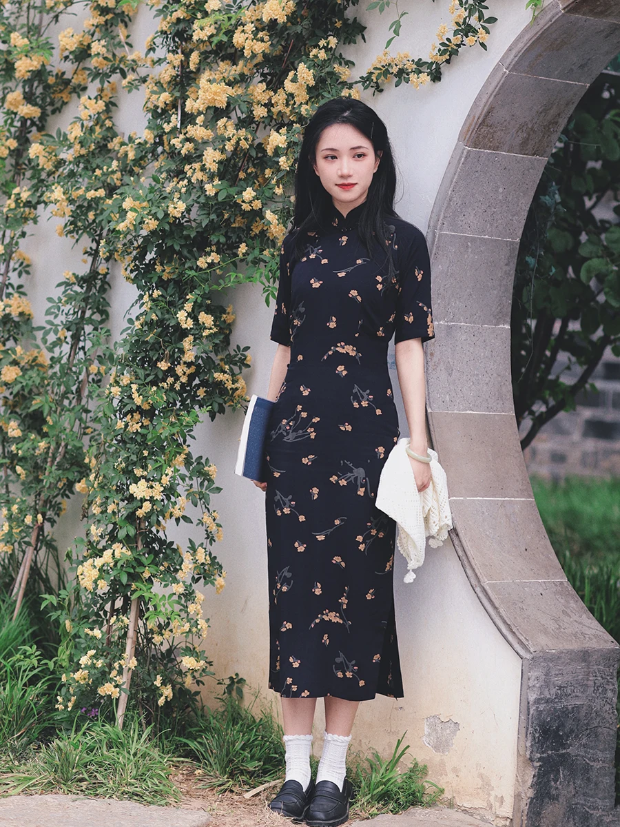 

Momei Spring Summer Cotton Silk Mid-Length with f Button Front Four-Sve Retro Daily Wear Floral Print