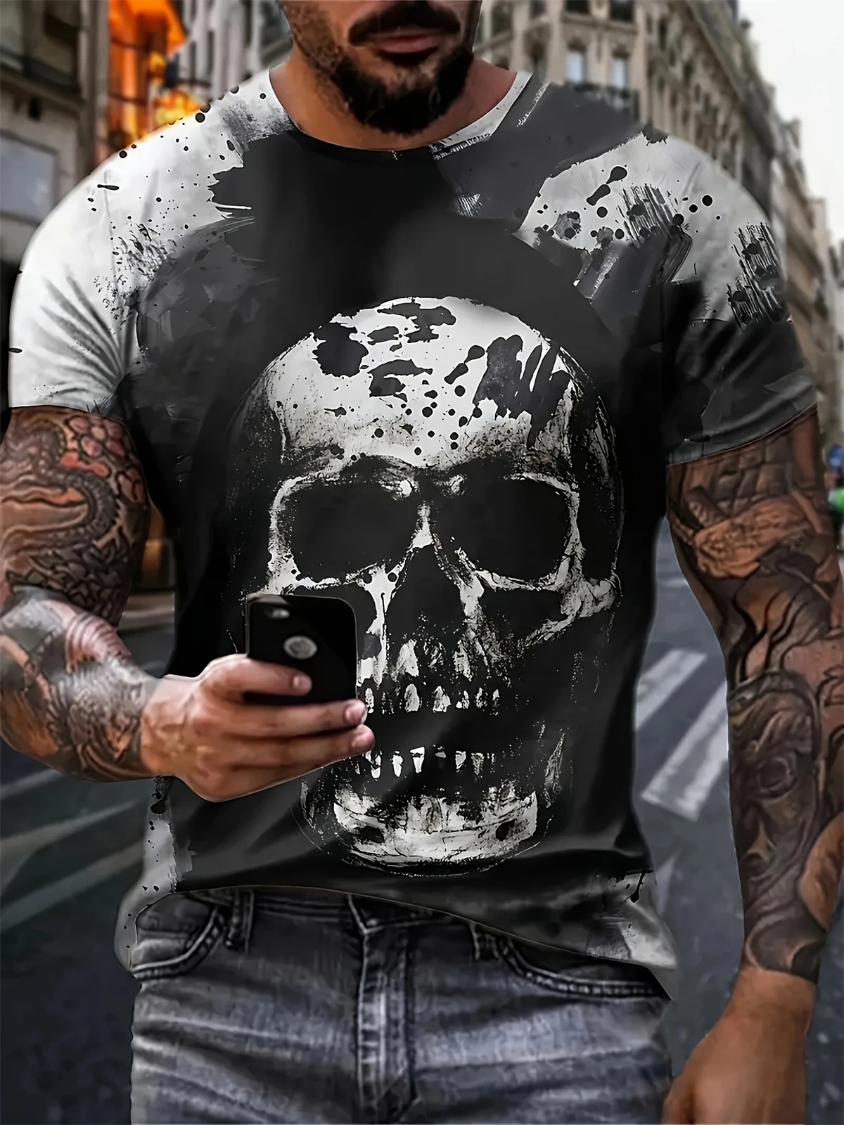 

Мужская футболка с 3D принтом в стиле панк, летняя модная уличная футболка с круглым вырезом и черепом, уличная футболка с короткими рукавами, мужская одежда