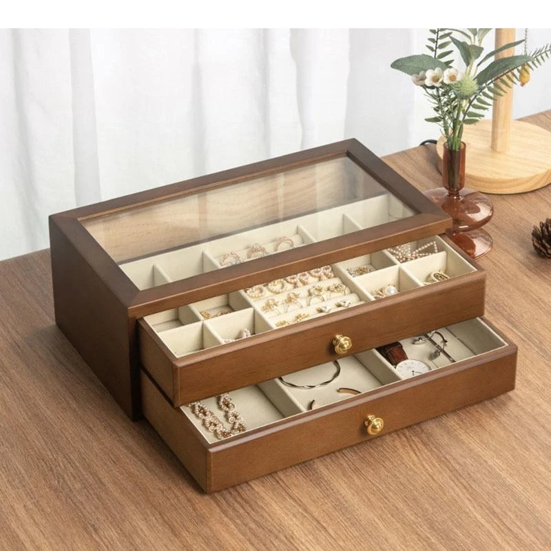 Solid Wood Multi-layer Drawer Type Storage Box Makeup Cosmetic Containers Desktop Stationery Organizer Earrings Jewelry